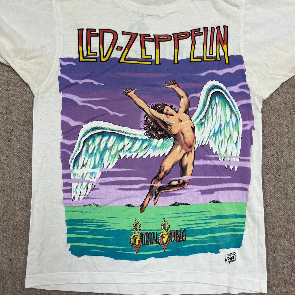 Vintage Led Zeppelin Shirt Mens Medium White 1980s Swan Song - Picture 2 of 10